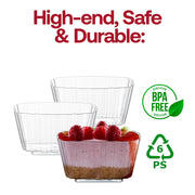 Image of three 5.5 oz. clear fluted rectangular disposable plastic pudding cups with a strawberry cheesecake in one. Text "High-end, Safe & Durable" appears at the top, and icons indicate "BPA Free" certification and recycling symbol with "6 PS" at the bottom right. Perfect elegant party tableware for any occasion.