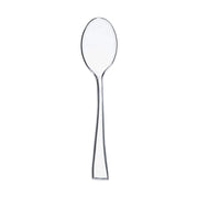 A Clear Mini Plastic Disposable Tasting Spoon with a shiny, reflective surface, featuring a long, slender handle that widens slightly at the end and a smooth, rounded bowl. It's the epitome of elegance among party utensils. The background is clean and white.