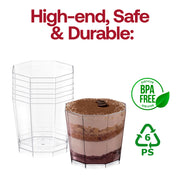 A promotional image for 5.5 oz. Clear Octagon Disposable Plastic Dessert Cups shows one cup filled with a layered dessert, while five empty cups are stacked beside it. The image features text saying "High-end, Safe & Durable," BPA Free certification, and a recycling symbol for PS 6 plastic.