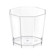 The 5.5 oz. Clear Octagon Disposable Plastic Dessert Cups are designed with transparent, straight walls and measurement indicators on the sides and bottom, ensuring precise liquid volume measurements. Ideal for both cooking and serving desserts, these clear octagonal cups make it easy to see measurements clearly.