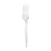 A clear plastic fork with four prongs, displayed against a plain white background. The fork has a polished appearance and an elegant design with a smooth, tapered handle.