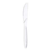 A single Clear Plastic Disposable Knife featuring a smooth handle and a serrated edge on the upper right side of the blade, isolated on a white background.