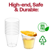 An image depicting a stack of six Kaya Collection 1 oz. Clear Plastic Shot Glasses next to a single glass filled with liquid and garnished with an orange slice. Text at the top reads "High-end, Safe & Durable." Symbols indicate that these BPA-free disposable glasses are recyclable, marked with "PS 6.