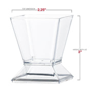 The 3.5 oz. Clear Square Disposable Plastic Mini Cup with Lids features a stylish, clear trapezoidal design with a flared top, measuring 2.25 inches at its widest point and standing 3 inches tall. This translucent clear container boasts a pedestal base, making it perfect for any occasion.