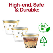 9 oz. Clear with Gold Dots Round Disposable Plastic Party Cups BPA | Smarty Had A Party