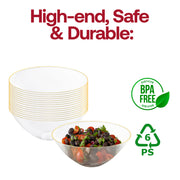 Clear with Gold Rim Organic Round Disposable Plastic Bowls (32 oz.) BPA | Smarty Had A Party