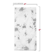 The White with Silver Paint Splatter Paper Dinner Napkins, perfect for a special occasion, feature an elegant design. Measuring 4 inches in width and 8 inches in height when folded, these napkins add a sophisticated touch to any event.