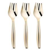 Three Gold Disposable Plastic Serving Forks, each featuring three tines, are arranged upright in a row against a white background. The sleek and modern design, complemented by smooth and shiny surfaces, makes these forks perfect for serving elegantly at any occasion.