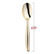 The Gold Disposable Plastic Serving Spoon is displayed with a shiny, gold-colored finish and measures 9.75 inches in length. It features a smooth, slightly curved handle and an oval-shaped bowl, offering a stylish option for wedding party utensils.