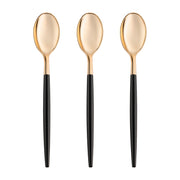 A row of three Gold with Black Handle Moderno Disposable Plastic Dinner Spoons, featuring gold-colored bowls and sleek black handles, set against a white background.