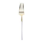 A single Gold with White Handle Moderno Disposable Plastic Dinner Fork is centered against a plain white background. This fork features a shiny gold-colored head, a white handle, four tines, and boasts a sleek, elegant design.