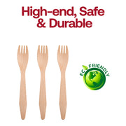 Image of three Natural Birch Eco-Friendly Disposable Dinner Forks arranged side by side beneath the text "High-end, Safe & Durable." To the right of the forks is a green globe icon with a leaf bearing the words "Eco Friendly," highlighting their biodegradable and compostable qualities.