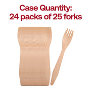 A bundle of Natural Birch Eco-Friendly Disposable Dinner Forks is displayed, fanned out in a line. One fork is separated from the bundle and placed upright for a better view. The text above reads, "Case Quantity: 24 packs of 25 forks" in red font. Crafted from natural birch wood, these forks are biodegradable.