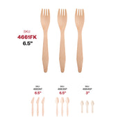 An image displaying Natural Birch Eco-Friendly Disposable Dinner Forks of different sizes made from biodegradable wood and their corresponding SKUs. At the top, there are three large 6.5-inch sporks (SKU: 4661FK). Below, there are smaller compostable sporks: 6.5-inch (SKU: 4662KF), 6.5-inch (SKU: 4663SP).