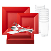 The "Red Square Plastic Wedding Value Set" by Smarty had a party, featuring red square plates of varying sizes stacked together next to a fork, knife, and spoon, offers service for 20. Behind the plates are two stacks of clear plastic cups. The metallic utensils placed on top of the plates complement this BPA-free disposable plastic dinnerware set against a white background.