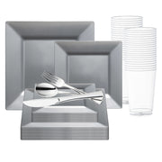 The Silver Square Plastic Wedding Value Set from Smarty had a party, designed for service for 20, includes gray square plates in various sizes. Neatly stacked in front are forks, knives, and spoons, and to the right are multiple clear BPA-free plastic cups. This setup boasts a modern and minimalist design.