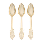 Three Shiny Baroque Gold Plastic Spoons with intricate patterns on their handles are evenly spaced on a white background. Often used as elegant flatware for formal occasions, these spoons feature a vintage, elegant design.