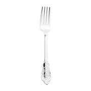 A close-up of a Shiny Baroque Silver Plastic Fork with an ornate, decorative handle featuring intricate patterns reminiscent of baroque silver dinner forks. Positioned upright against a white background, the four tines are clearly visible, exuding timeless elegance.