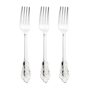 Three Shiny Baroque Silver Plastic Forks are standing upright side by side against a white background. Each fork features an intricately detailed handle with elegant patterns, showcasing a classic and timeless design.