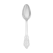 The Shiny Baroque Silver Plastic Spoon boasts an ornate handle design with intricate floral patterns, reminiscent of classic baroque style. With a smooth and shiny bowl that beautifully reflects light, this elegant spoon is perfect for formal dining settings.