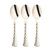 Three Shiny Gold Glamour Cutlery Disposable Plastic Spoons with textured handles are arranged in a straight line on a plain white background. These spoons, part of our elegant party tableware collection, feature a hammered pattern that gives them a unique and sophisticated look.