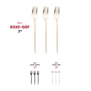 The image shows three Shiny Gold Moderno Disposable Plastic Dessert Forks displayed vertically at the top, labeled "9330-GSF, 7 inches." Below them, two sets of three elegant dessert forks are shown in black and silver, labeled "9330-BSFK, 7 inches" and "9330-SSF, 7 inches," respectively.