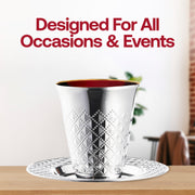 Shiny Metallic Aluminum Silver Round Plastic Saucers and Kiddush Cup Value Set Lifestyle | Smarty Had A Party