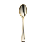 A single, Shiny Metallic Gold Mini Plastic Disposable Tasting Spoon with a smooth, polished finish. The handle is sleek and tapers slightly towards the bottom, while the bowl is gently curved and oval-shaped. This elegant party utensil is centered on a plain white background.