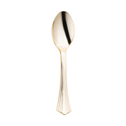 A Shiny Metallic Groove Gold Plastic Spoon boasts a polished, shiny surface and a slightly curved handle with subtle line detailing. The gold-colored, premium quality plastic teaspoon is positioned vertically against a plain white background.