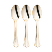 Three Shiny Metallic Groove Gold Plastic Spoons are aligned vertically against a white background. Boasting a shiny gold-colored finish, each spoon has a smooth, reflective surface and a sleek, elegant design with slightly flared handles.