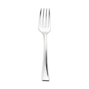 A shiny, stainless steel fork with four tines and a simple, sleek design is positioned vertically on a plain white background, showcasing its reflective surface and clean lines. Its elegance contrasts strikingly with the functionality of Shiny Metallic Silver Mini Plastic Disposable Tasting Forks.