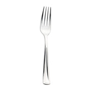 A Shiny Metallic Silver Plastic Fork with four tines is shown against a plain white background. The fork has a simple, sleek design with a polished finish and appears to be a standard-sized dining utensil, offering the elegance of silver plastic forks commonly found in fancy disposable flatware sets.