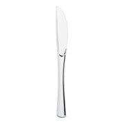 A sleek Shiny Metallic Silver Plastic Knife with a smooth, reflective handle and a serrated edge is displayed against a white background. Resembling high-quality cutlery, the knife features a slightly curved design for an ergonomic grip.