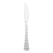 A single Shiny Silver Glamour Cutlery Disposable Plastic Knife with a serrated edge and a textured handle, reminiscent of elegant party cutlery, against a plain white background. The handle features a pattern of small, raised, oval-shaped bumps.