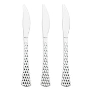 A trio of Shiny Silver Glamour Cutlery Disposable Plastic Knives with textured handles, patterned grips, and serrated blades are arranged in a vertical row against a white background, epitomizing elegant party cutlery.