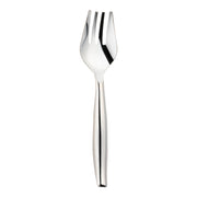 A sleek silver disposable plastic serving fork with a contemporary design, featuring three fork tines at the top and a smooth, curved handle. This elegant piece of cutlery is positioned vertically against a white background.