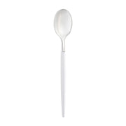 The Silver with White Handle Moderno Disposable Plastic Dinner Spoon features a sleek, stainless steel-styled head and a long, slender white handle. This minimalist design includes ultra-durable plastic elements and is showcased against a white background.