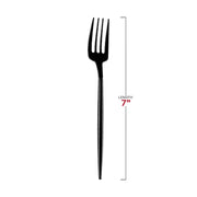 An image of the sophisticated Solid Black Moderno Disposable Plastic Dessert Forks is displayed on a white background. The sleek, 7-inch fork, which is part of contemporary party tableware, has its length noted next to the utensil.