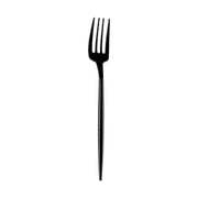 An image of a single "Solid Black Moderno Disposable Plastic Dessert Fork" against a plain white background. The sleek, four-tined black fork features a long handle and is perfect for modern party tableware.