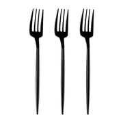 Three Solid Black Moderno Disposable Plastic Dinner Forks are aligned vertically side by side on a plain white background. Each fork has four tines and long, straight handles. The solid black finish of the forks makes them stand out gracefully, evenly spaced and parallel to each other.