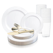 The Solid White Economy Round Disposable Plastic Wedding Value Set, designed for effortless entertaining, includes BPA-free white plates in various sizes, gold-colored plastic cutlery (forks, spoons, knives), and clear plastic cups. This service for 120 is neatly arranged with plates stacked and cups lined up against a white background.