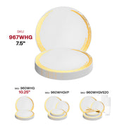 The image showcases an elegant set of party tableware, featuring white disposable plates and cups accented with gold trim. Perfect for luxurious appetizers, the plates, named White with Gold Moonlight Round Disposable Plastic Appetizer/Salad Plates (7.5"), are available in three sizes: 7.5 inches (SKU: 967WHG), 10.25 inches (SKU: 960WHG), and a variety pack with cups (SKU: 960WHGVPS20). The items are beautifully displayed on the table.
