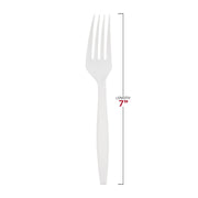 Image of a White Plastic Disposable Fork from the White Plastic Disposable Forks collection, measuring 7 inches in length. This four-tined disposable fork, ideal for an elegant dining experience, features a smooth handle and is displayed vertically with a measurement label indicating the precise length.