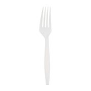 The image features a single White Plastic Disposable Fork with four tines, set against a plain white background. This fork, perfect for an elegant dining experience, showcases a simple and smooth design.