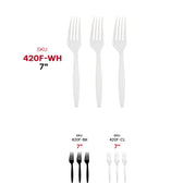 The image features three White Plastic Disposable Forks labeled "420F-WH 7''" at the top. Below them are two sets of disposable forks: three black forks labeled "420F-BK 7''" on the left, and three clear forks labeled "420F-CL 7''" on the right, perfect for an elegant dining experience.