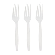 Three White Plastic Disposable Forks are standing upright against a plain white background in a neat and evenly spaced arrangement, offering a surprisingly elegant dining experience.