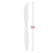 The White Plastic Disposable Knife is displayed vertically, featuring a serrated edge on one side. A measurement beside it shows its length as 7.5 inches, making it an elegant addition to any tableware collection.