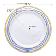 Introducing the White with Blue and Gold Chord Rim Plastic Dinner Plates (10.25") by Kaya Collection, a BPA-free decorative plate featuring a pristine white center. The detailed dimensions include an outer diameter of 10.25 inches, an inner diameter of 9 inches, and a 1.25-inch wide rim adorned with an intricate blue and yellow pattern in an elegant round shape.