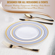 A set of three elegant Kaya Collection White with Blue and Gold Chord Rim Plastic Dinner Plates (10.25"), featuring a white base with intricate blue and gold patterns along the rims. They are accompanied by gold and silver utensils: a knife, spoon, and forks, arranged around the plates. The text above reads, "Designed for all occasions & events: Banquets, Weddings, Engagements, Birthdays, Baby Showers, Parties, Upscale Catering."
