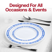 A place setting with a Kaya Collection White with Blue and Silver Royal Rim Plastic Dinner Plate (10.25"), accompanied by a fork, knife, and spoon on a white tablecloth. A semi-visible glass is in the background. The text above reads, "Designed For All Occasions & Events." These elegant disposable dinner plates are perfect for wedding party tableware.